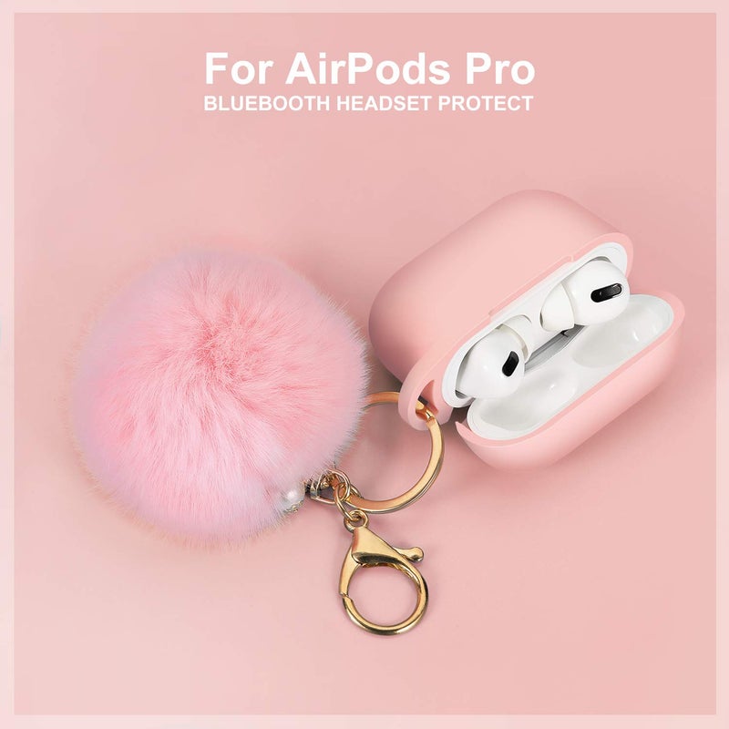Cypher.V Protective Case Cover for Airpods Pro Charging Case, Upgraded Air Pods Silicone Case Skin with Soft Cute Ball Pom Pom Keychain Kit (A, Pink) - Image 2